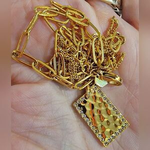 #Touchstone Golden Crystal Hammered Rect Pendant Dble Chain Necklace #NWOT #NIB